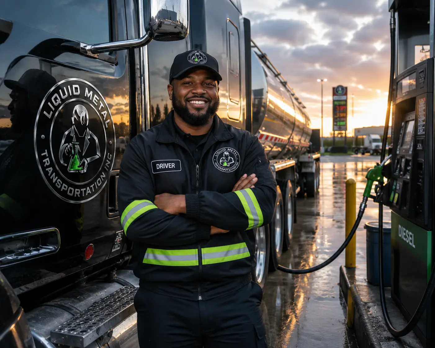 Professional tanker truck driver standing by the tractor