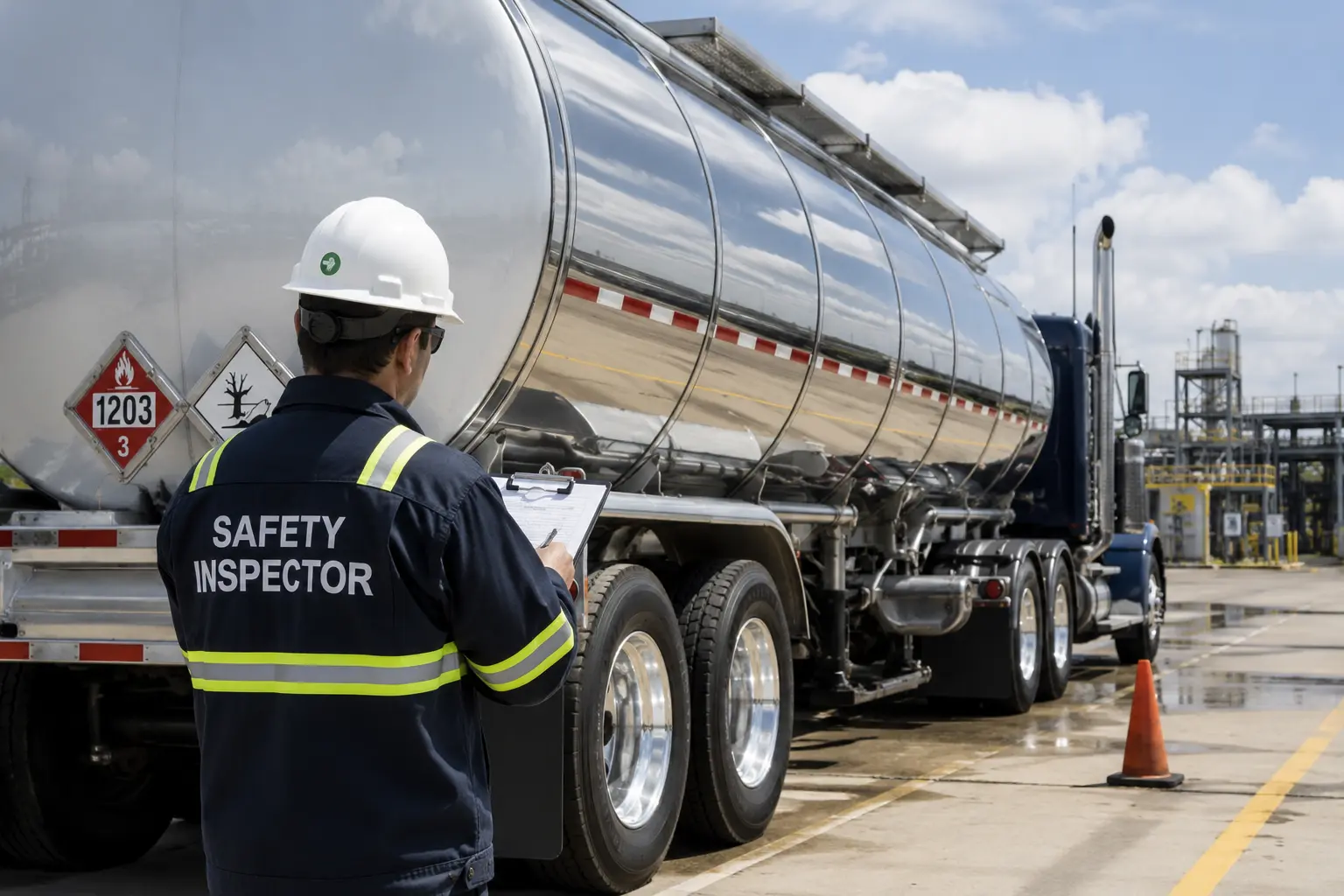 Safety inspector reviewing equipment with a clipboard
