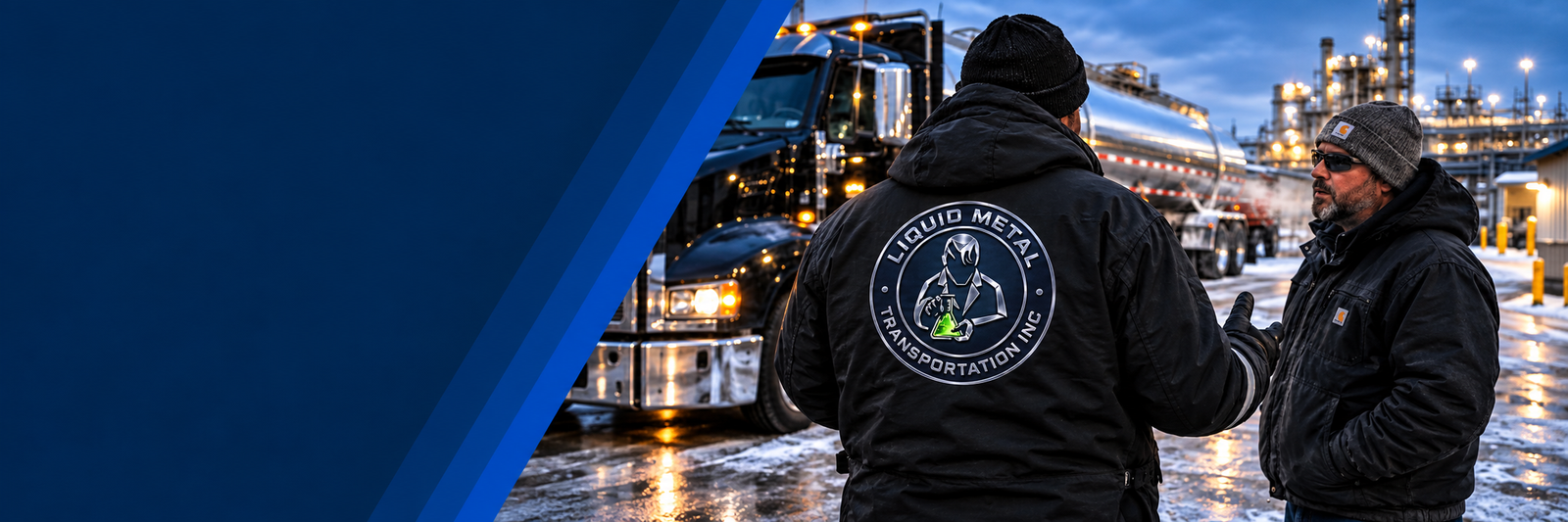 Liquid Metal Transportation drivers talking beside a tanker on a dedicated route