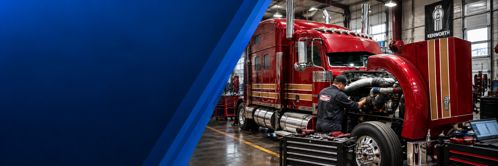 Commercial truck being serviced in a maintenance shop