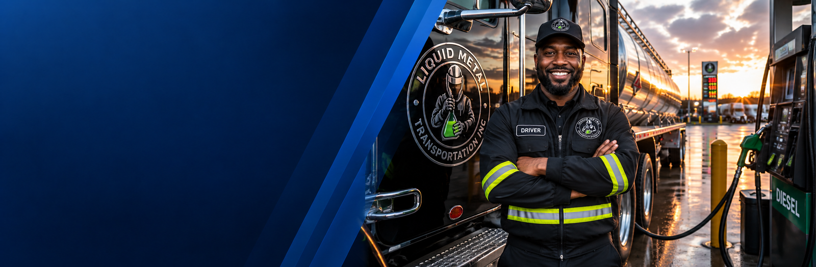Liquid Metal Transportation driver standing beside a tanker truck