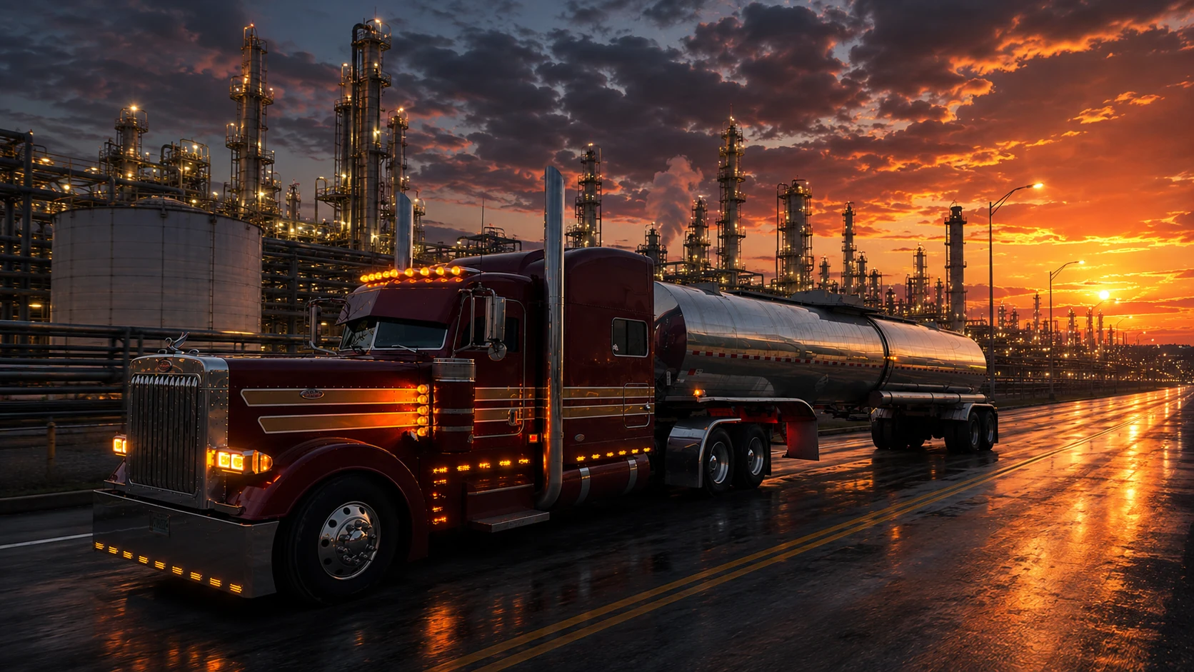 Bulk tanker trucks near an industrial energy facility at sunset